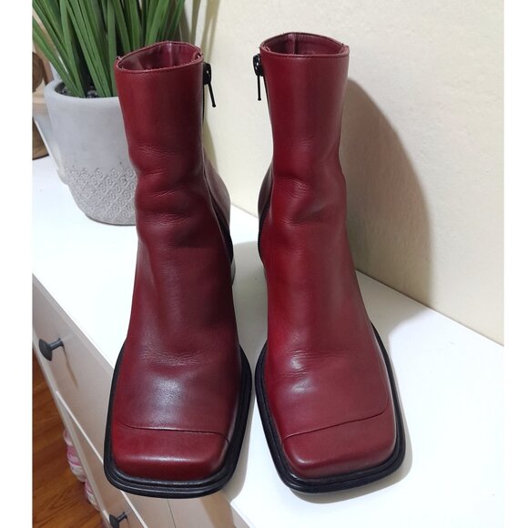 Connie Shoes - Red Leather Square Toe Connie Ankle Boots Sz 6.5M Made In Brazil